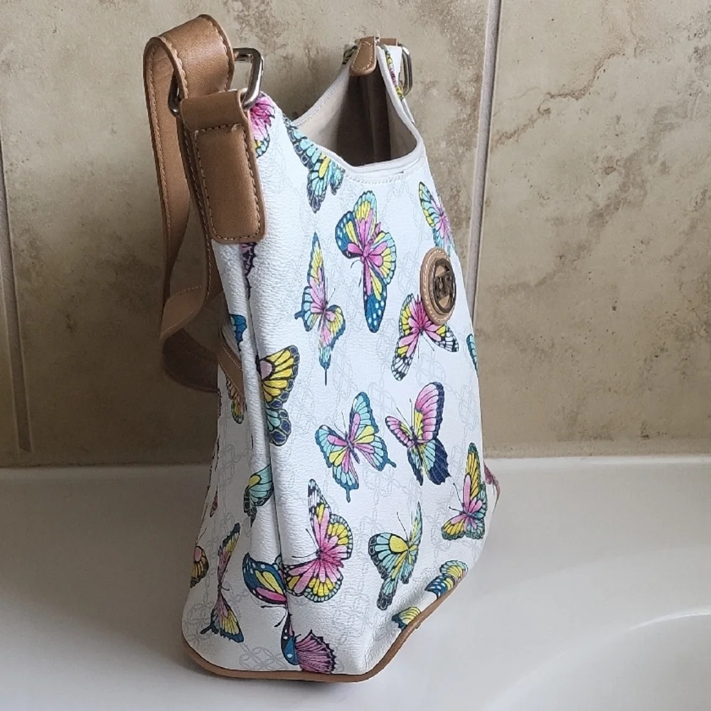 Kim Rogers Butterfly Print White and Tan Women's Bag